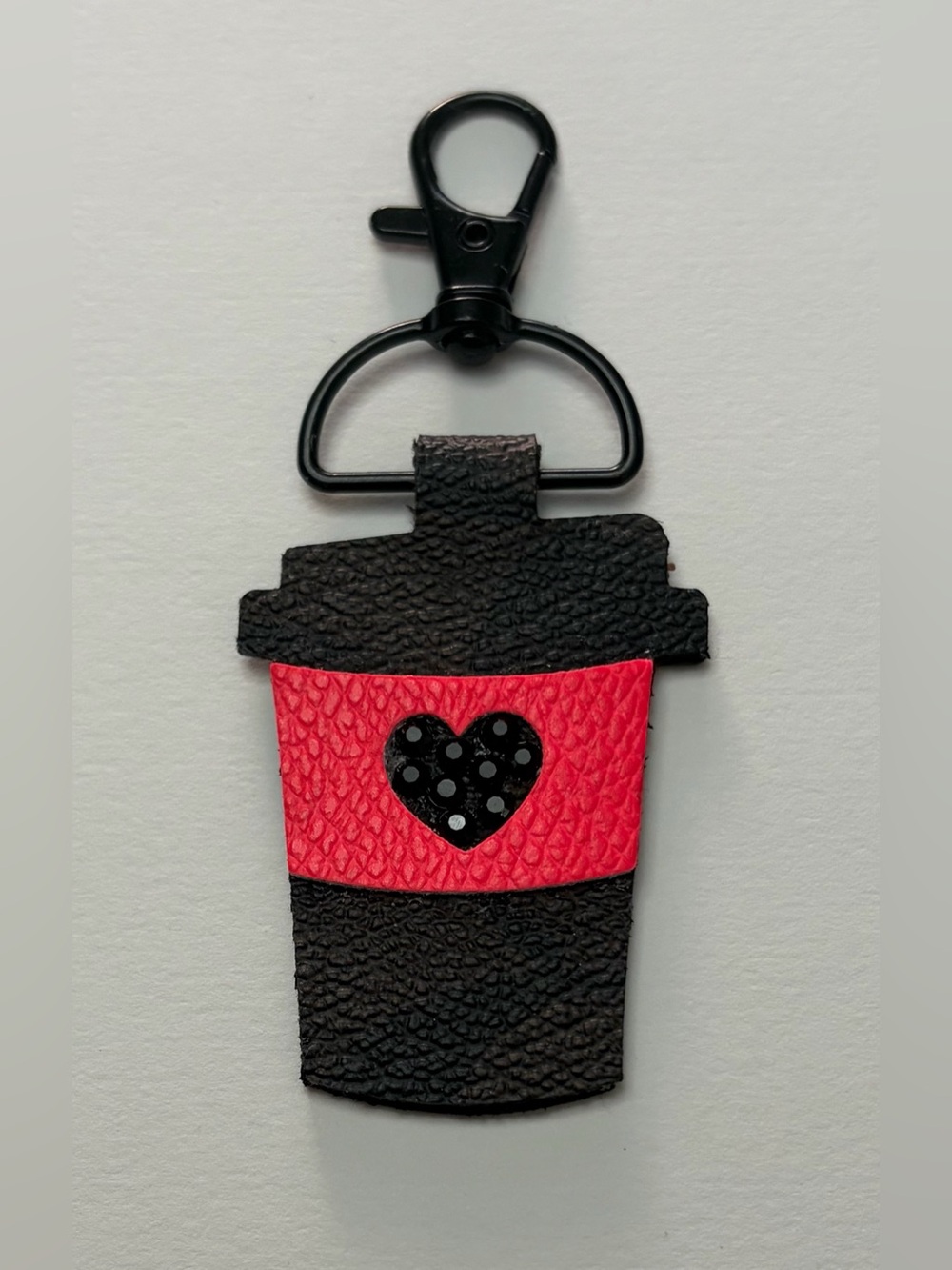 Upcycled COACH Black and Hot Pink Coffee Cup Keychain Charm with Heart Accent
